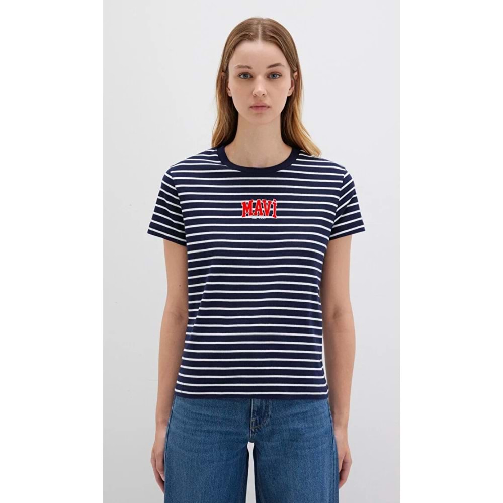 Mavi M16113562-88030 Logo Baskılı Çizgili T-Shirt Kadın Tişört