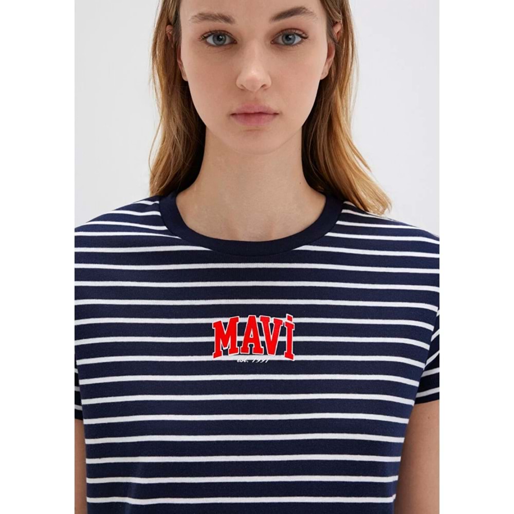 Mavi M16113562-88030 Logo Baskılı Çizgili T-Shirt Kadın Tişört