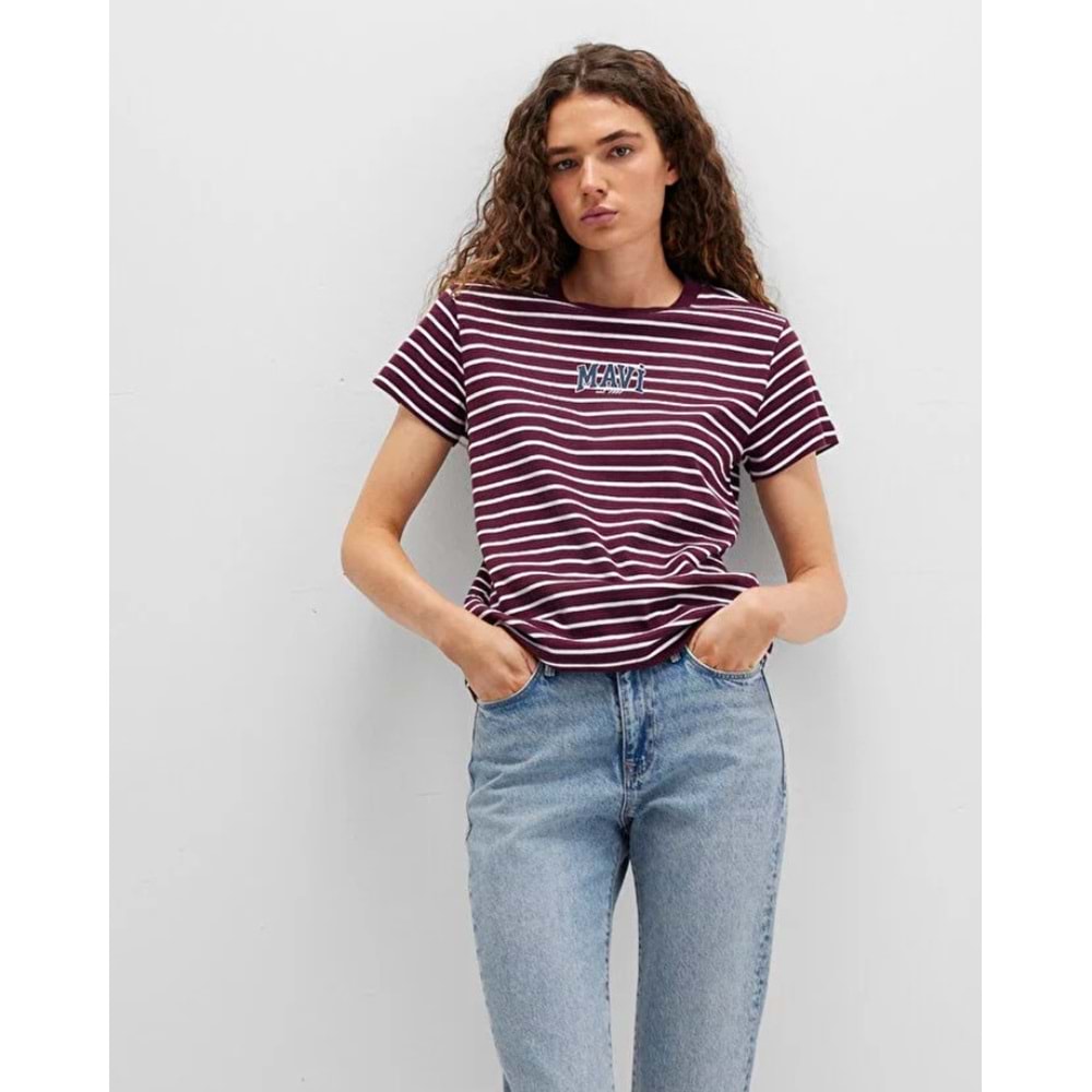Mavi M16113562-87982 Logo Baskılı Çizgili T-Shirt Kadın Tişört