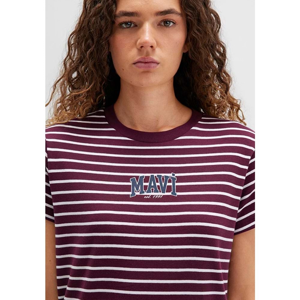 Mavi M16113562-87982 Logo Baskılı Çizgili T-Shirt Kadın Tişört