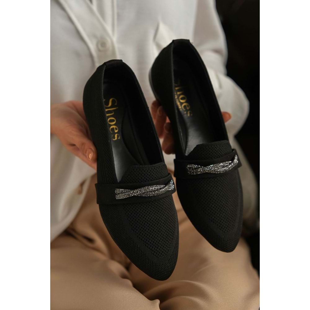 Feles Taş Örgü Detaylı Triko Kadın Babet