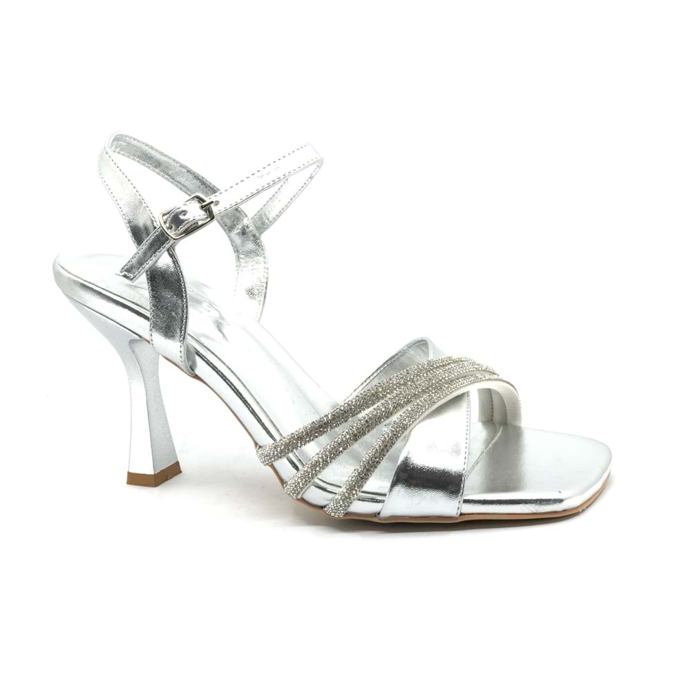 Feles Çapraz Şerit Taşlı 8 Cm Topuklu Kadın Abiye Ayakkabı