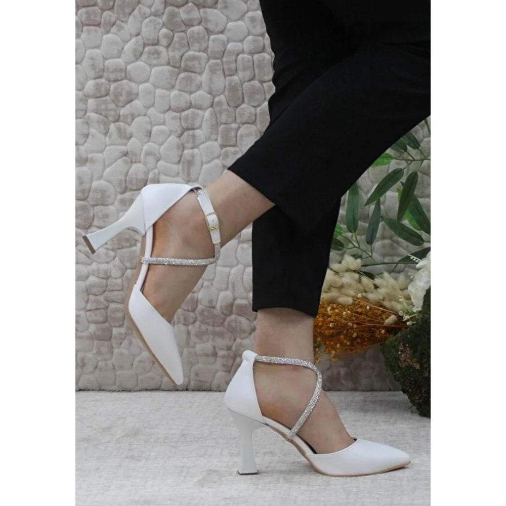Feles 18-444 Çapraz Şerit Taşlı Abiye Kadın Topuklu Ayakkabı Stiletto