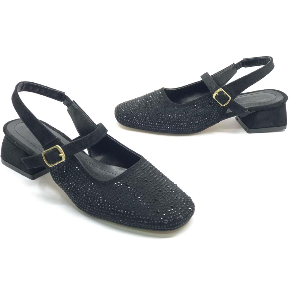 Seribo Taş Detaylı Kısa Topuklu Arkası Açık Kadın Babet Ayakkabı