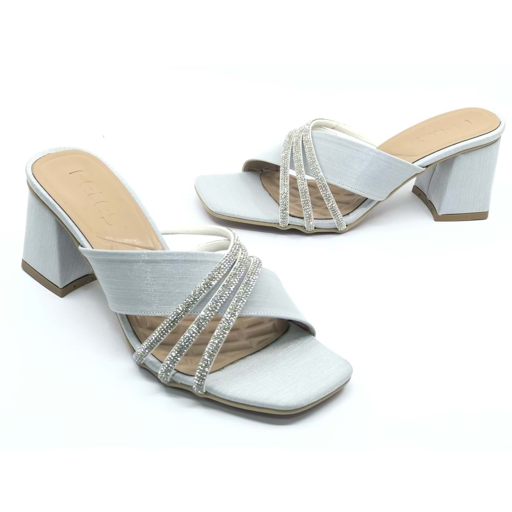 Feles Saten Şerit Desenli Topuklu Kadın Terlik