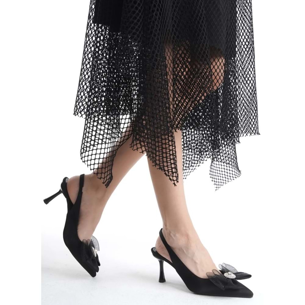 Feles Saten Fiyonk Taş Detaylı Arkası Açık Stiletto Kadın Topuklu Ayakkabı