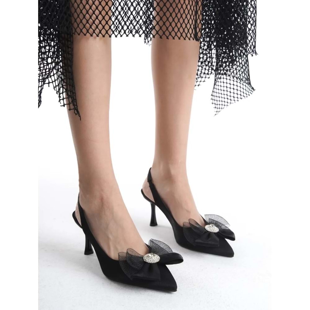 Feles Saten Fiyonk Taş Detaylı Arkası Açık Stiletto Kadın Topuklu Ayakkabı