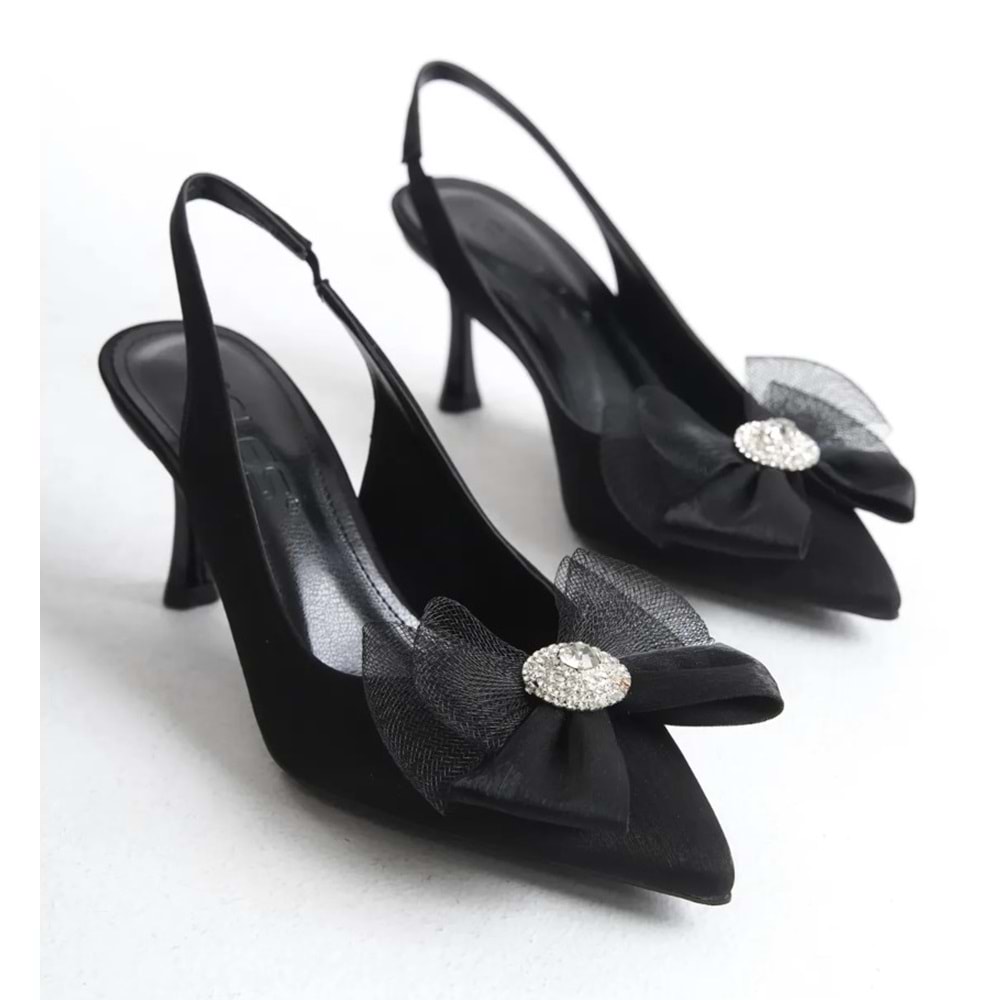Feles Saten Fiyonk Taş Detaylı Arkası Açık Stiletto Kadın Topuklu Ayakkabı