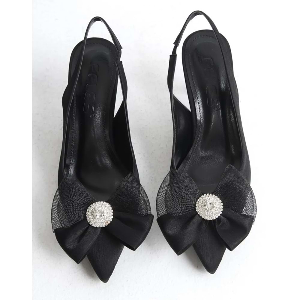 Feles Saten Fiyonk Taş Detaylı Arkası Açık Stiletto Kadın Topuklu Ayakkabı