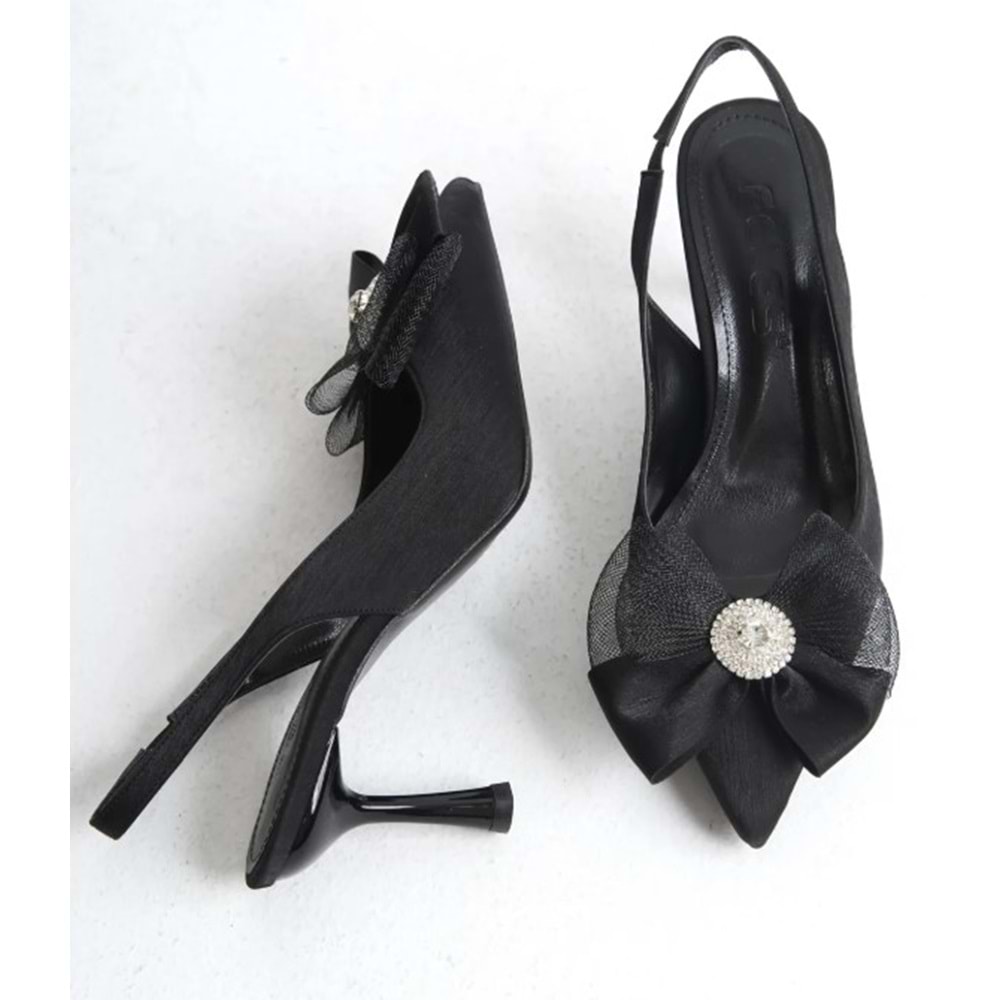 Feles Saten Fiyonk Taş Detaylı Arkası Açık Stiletto Kadın Topuklu Ayakkabı
