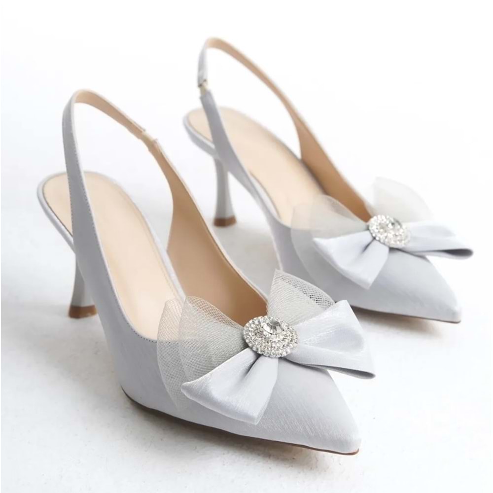 Feles Saten Fiyonk Taş Detaylı Arkası Açık Stiletto Kadın Topuklu Ayakkabı