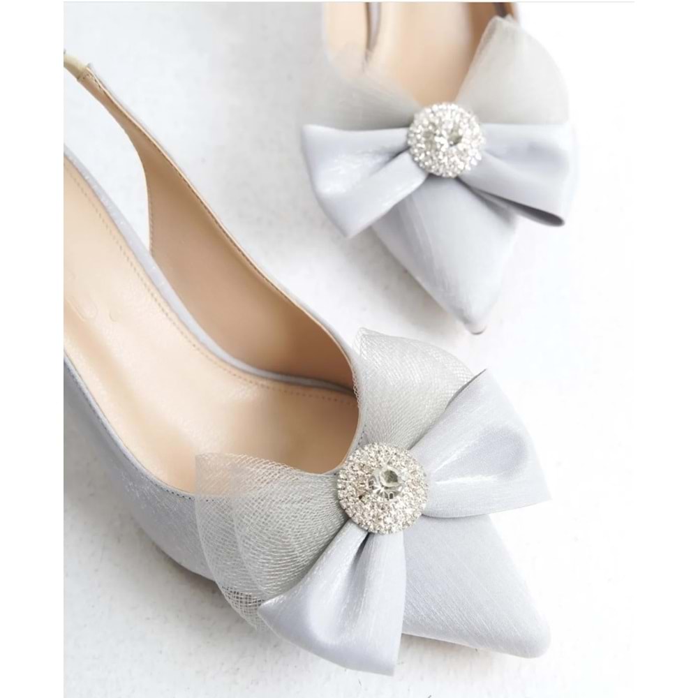 Feles Saten Fiyonk Taş Detaylı Arkası Açık Stiletto Kadın Topuklu Ayakkabı