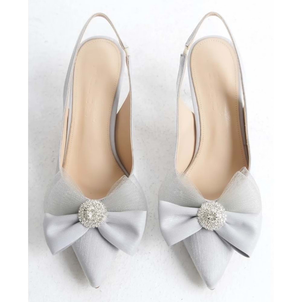 Feles Saten Fiyonk Taş Detaylı Arkası Açık Stiletto Kadın Topuklu Ayakkabı