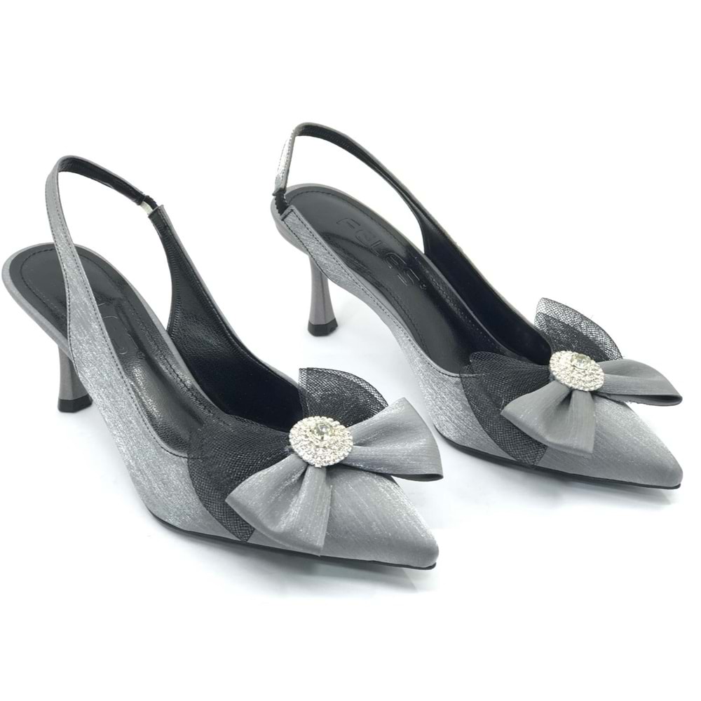 Feles Saten Fiyonk Taş Detaylı Arkası Açık Stiletto Kadın Topuklu Ayakkabı