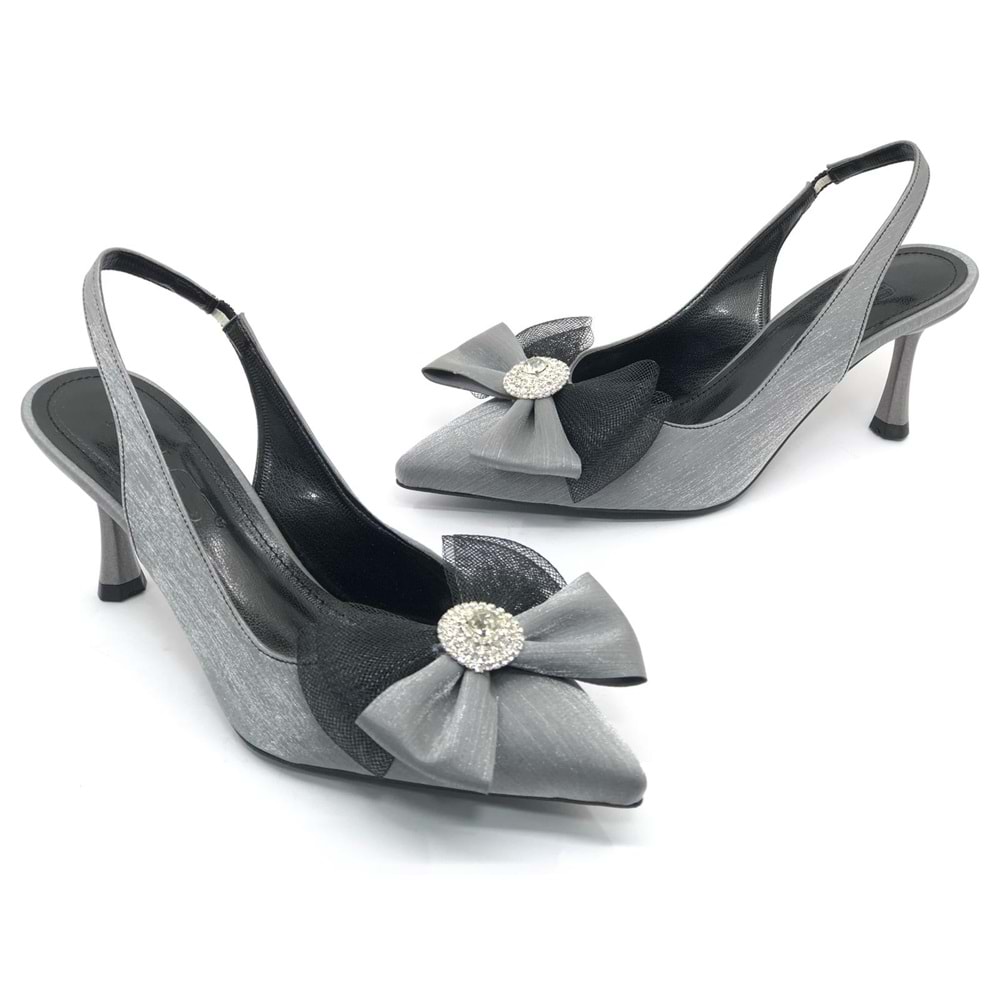 Feles Saten Fiyonk Taş Detaylı Arkası Açık Stiletto Kadın Topuklu Ayakkabı