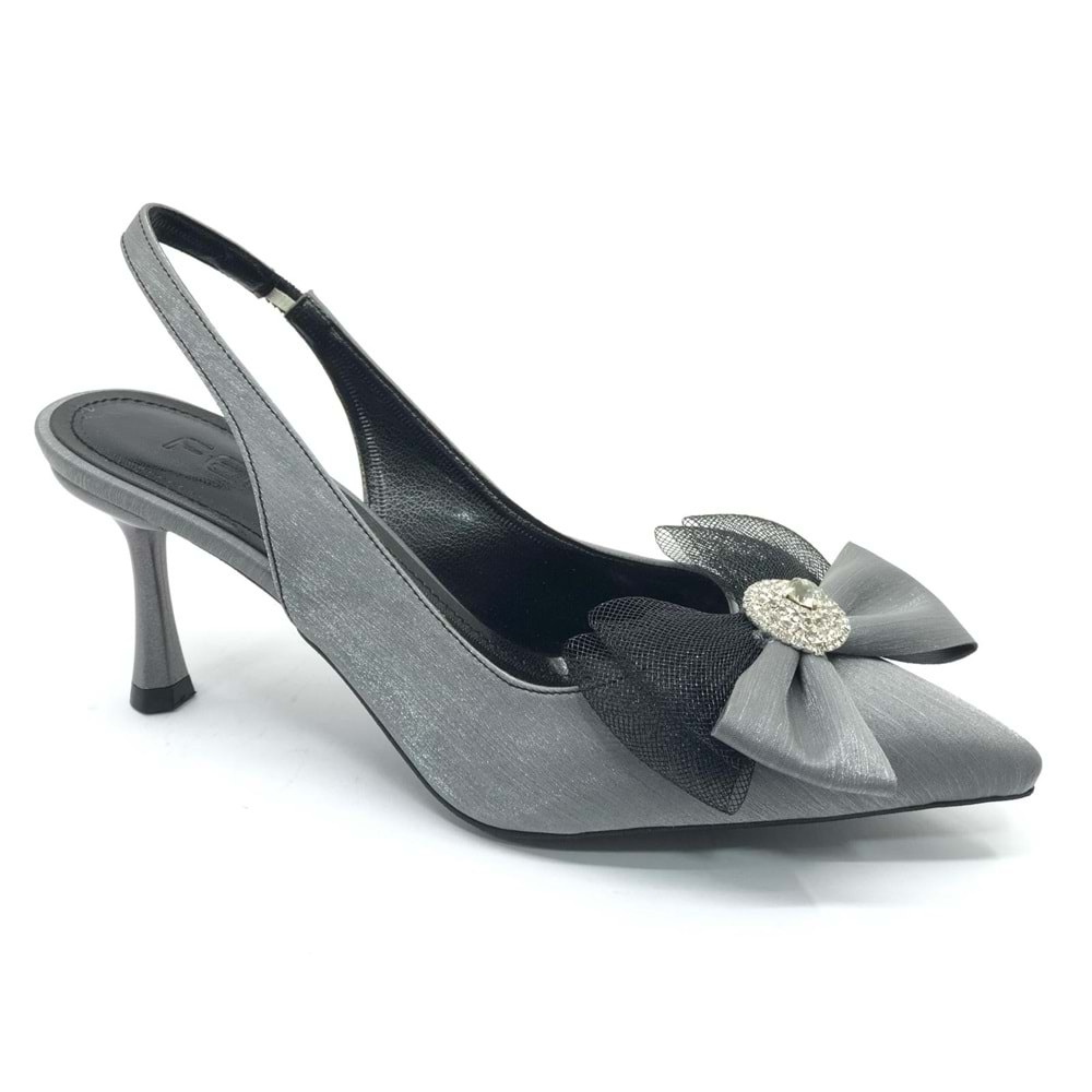 Feles Saten Fiyonk Taş Detaylı Arkası Açık Stiletto Kadın Topuklu Ayakkabı