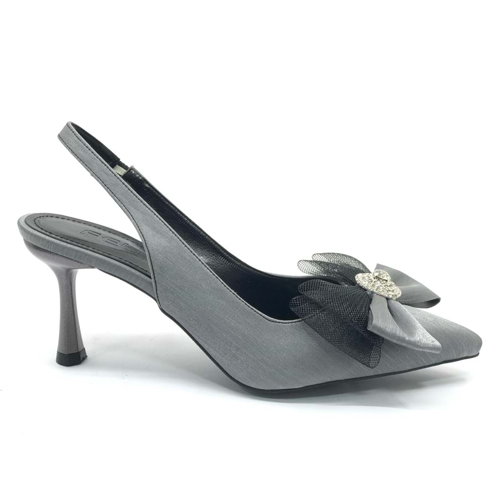 Feles Saten Fiyonk Taş Detaylı Arkası Açık Stiletto Kadın Topuklu Ayakkabı