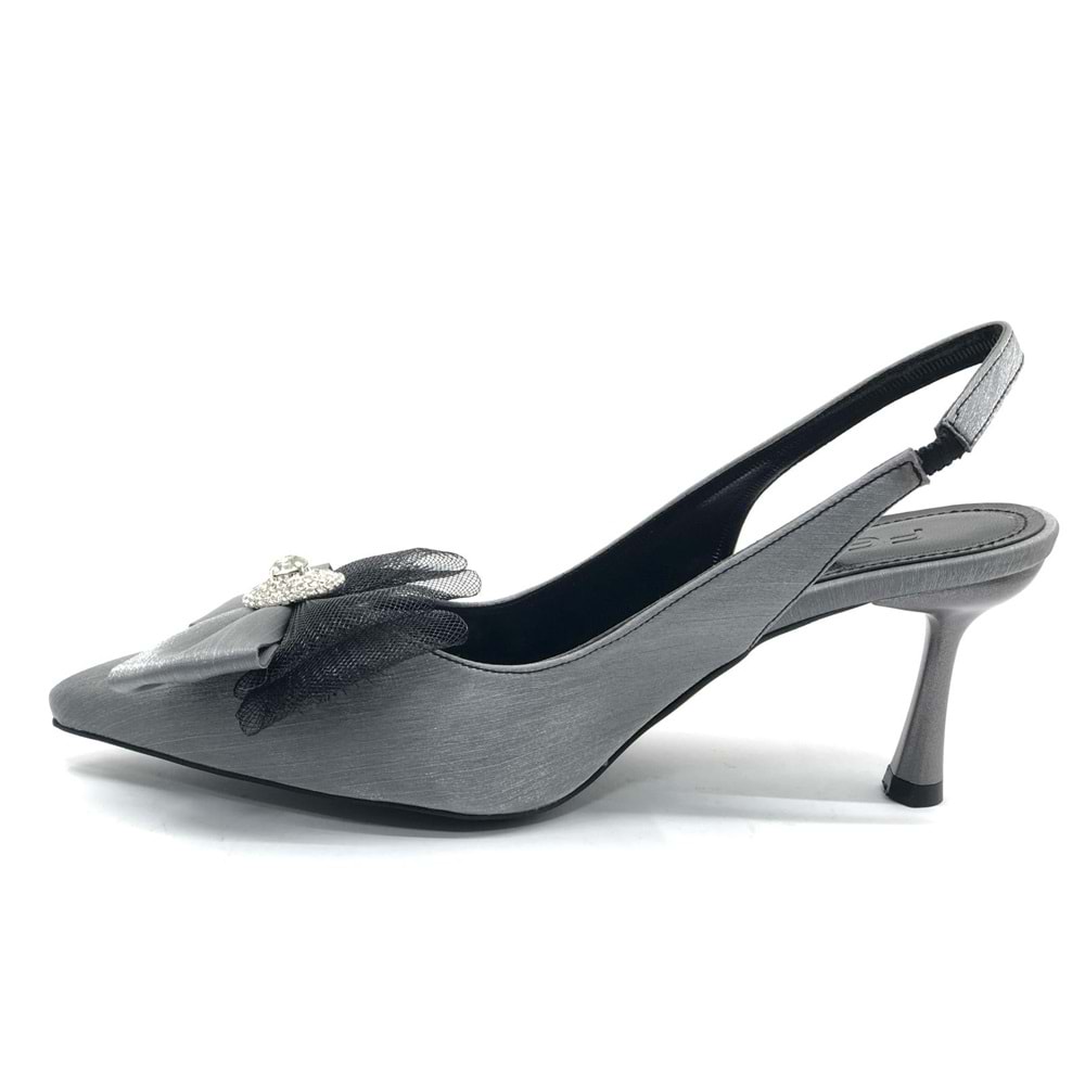 Feles Saten Fiyonk Taş Detaylı Arkası Açık Stiletto Kadın Topuklu Ayakkabı