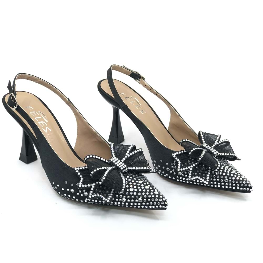 Feles Saten Kurdela Taş Detaylı Arkası Açık Stiletto Kadın Topuklu Ayakkabı