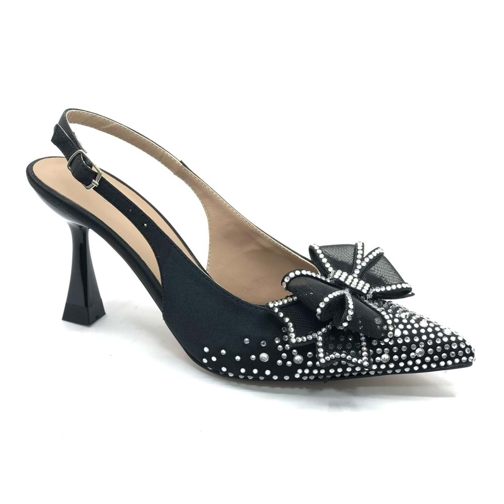 Feles Saten Kurdela Taş Detaylı Arkası Açık Stiletto Kadın Topuklu Ayakkabı