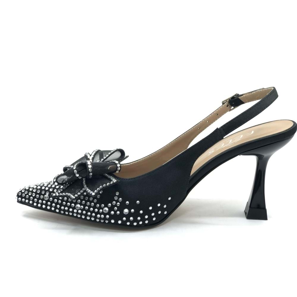 Feles Saten Kurdela Taş Detaylı Arkası Açık Stiletto Kadın Topuklu Ayakkabı