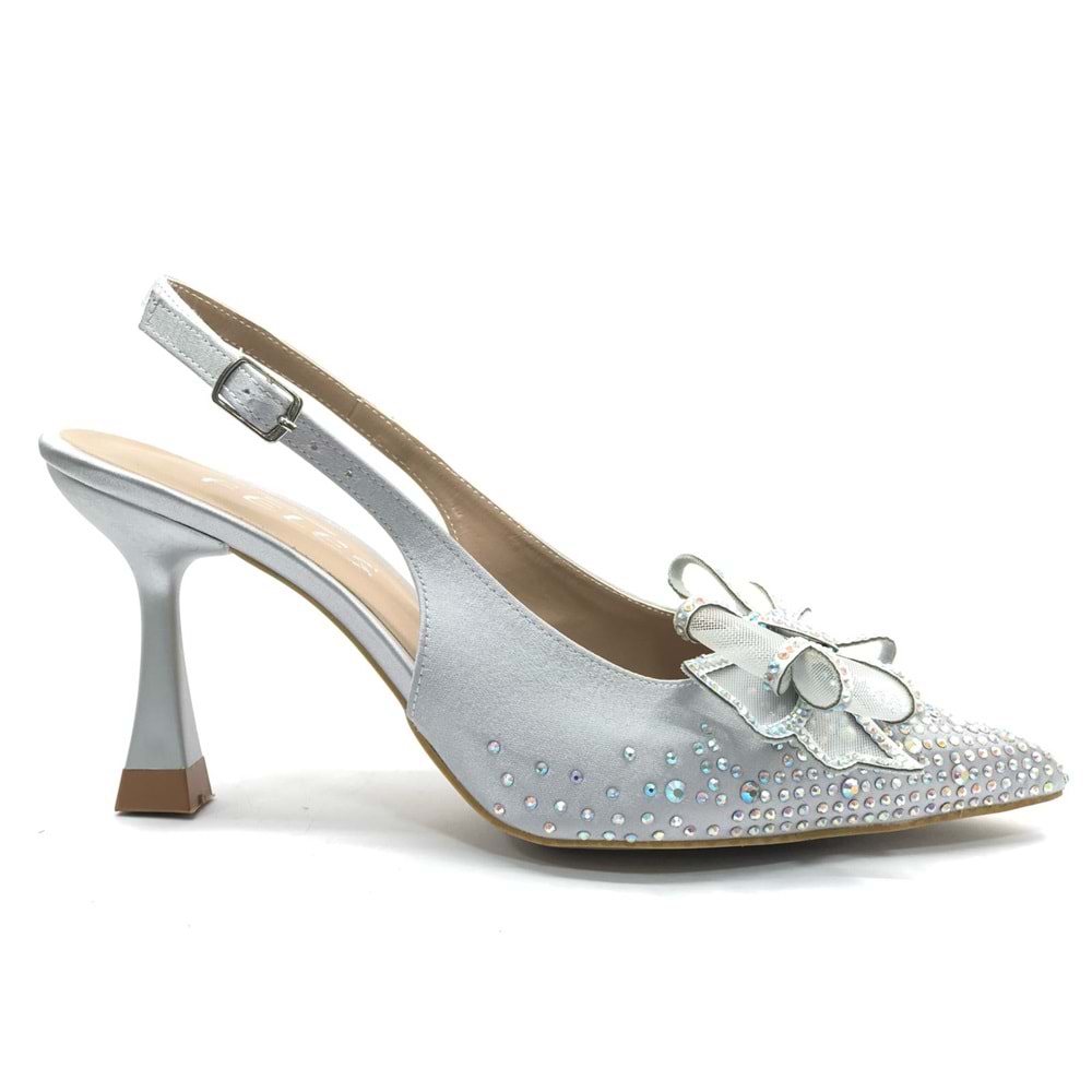 Feles Saten Kurdela Taş Detaylı Arkası Açık Stiletto Kadın Topuklu Ayakkabı