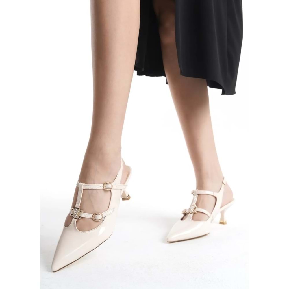 Feles Şeker Topuklu Çift Toka Detaylı Arkası Açık Stiletto Kadın Kısa Topuklu Ayakkabı
