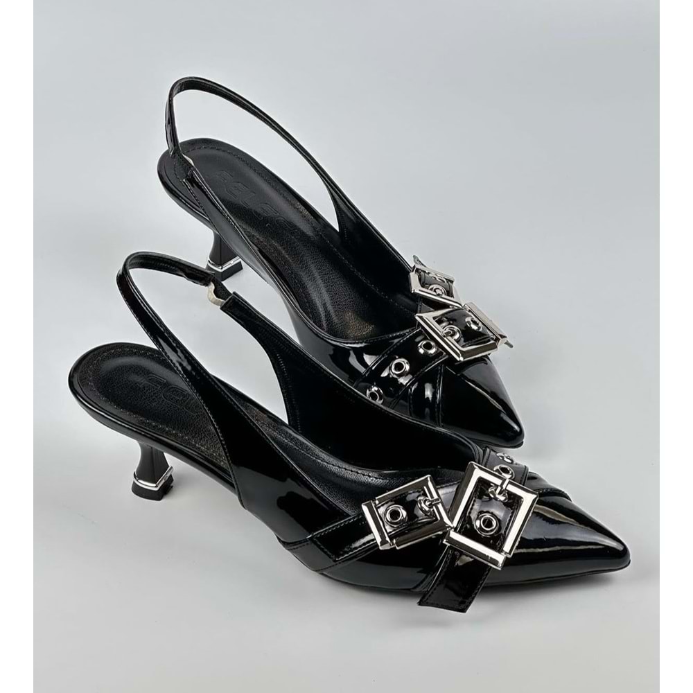 Feles Şeker Topuklu Çift Toka Detaylı Arkası Açık Stiletto Kadın Kısa Topuklu Ayakkabı