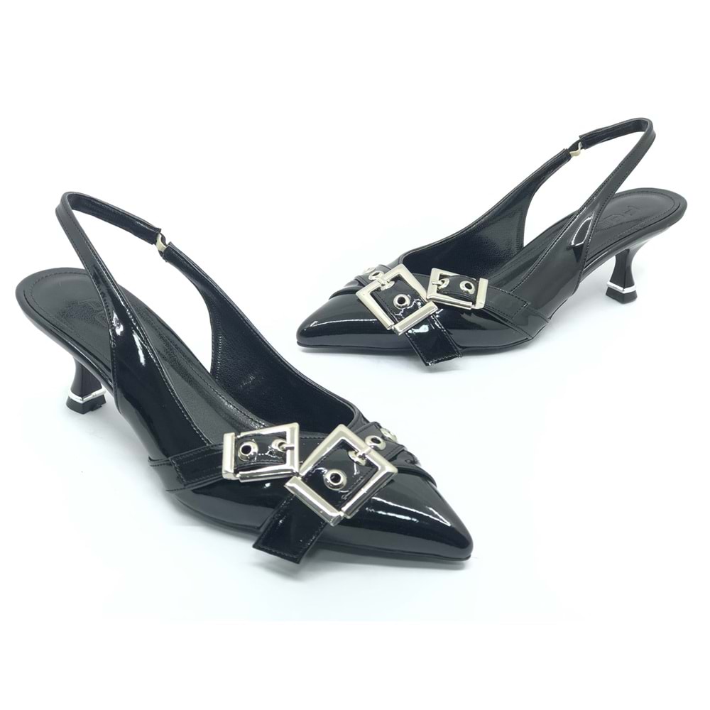 Feles Şeker Topuklu Çift Toka Detaylı Arkası Açık Stiletto Kadın Kısa Topuklu Ayakkabı