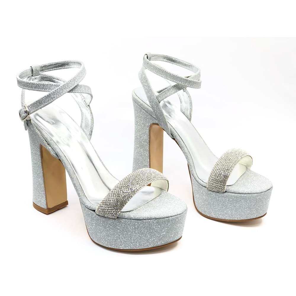 Feles 13 cm Yüksek Platform Tek Bant Topuklu Taşlı Kadın Abiye Ayakkabı