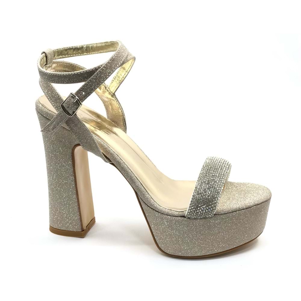 Feles 13 cm Yüksek Platform Tek Bant Topuklu Taşlı Kadın Abiye Ayakkabı