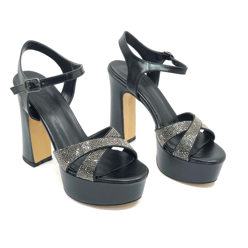 Feles 13 cm Yüksek Platform Çapraz Bant Topuklu Taşlı Kadın Abiye Ayakkabı