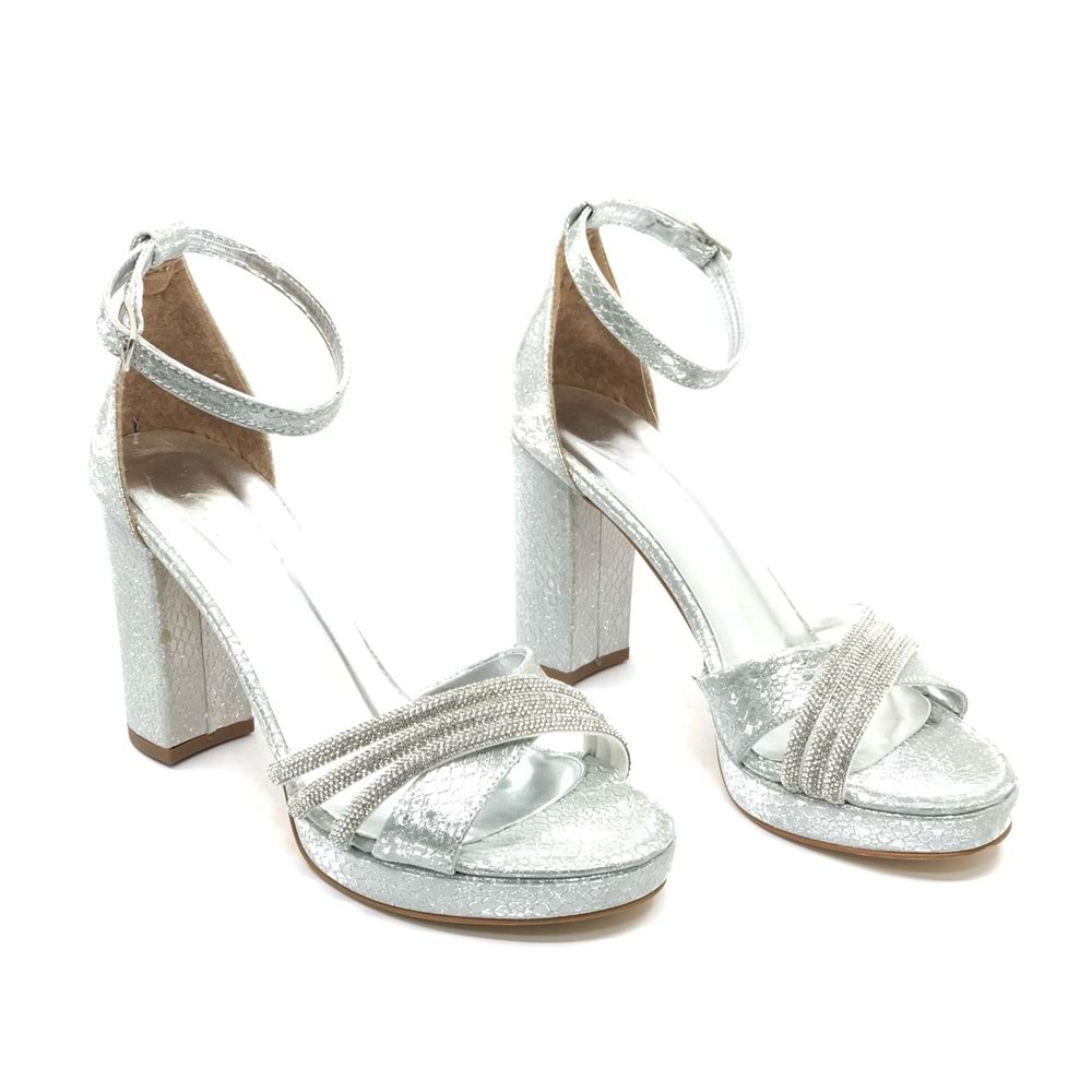 Feles Çapraz Üç Şerit Taşlı 10 cm Platform Topuklu Kadın Abiye Ayakkabı