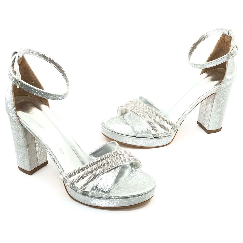 Feles Çapraz Üç Şerit Taşlı 10 cm Platform Topuklu Kadın Abiye Ayakkabı