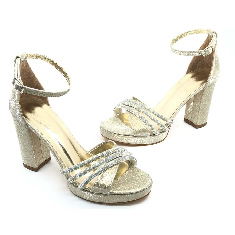 Feles Çapraz Üç Şerit Taşlı 10 cm Platform Topuklu Kadın Abiye Ayakkabı