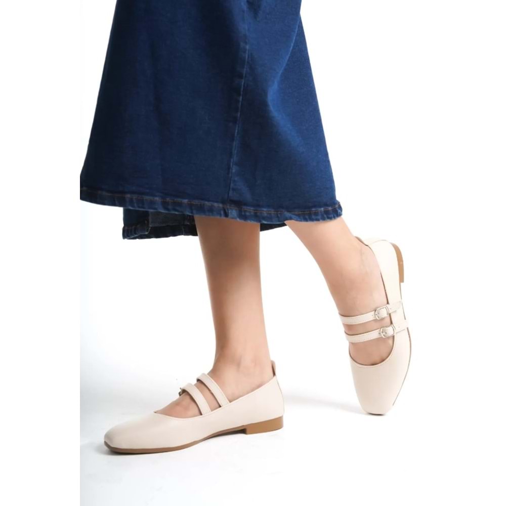 Mehtap Çift Kemer Detaylı Düz Taban Kadın Babet Ayakkabı