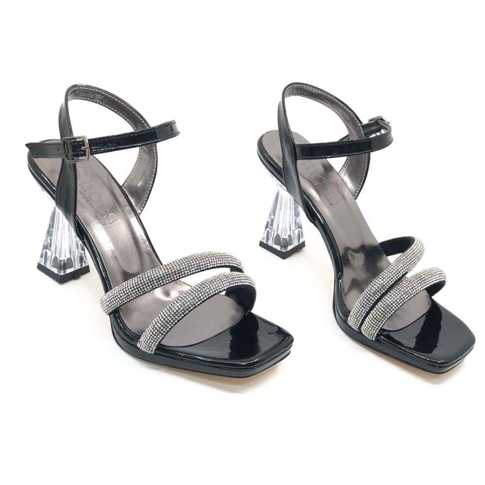 İremsu Kalın Şerit Taş Detaylı 8 cm Şeffaf Topuklu İnce Platform Kadın Abiye Ayakkabı