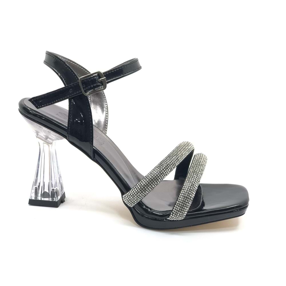 İremsu Kalın Şerit Taş Detaylı 8 cm Şeffaf Topuklu İnce Platform Kadın Abiye Ayakkabı