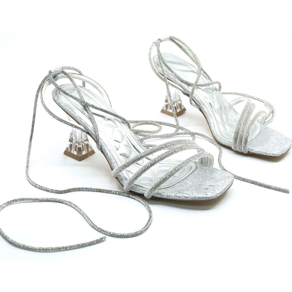 Ventes Bilekten Bağlamalı Şeffaf Topuklu Kadın Abiye Ayakkabı