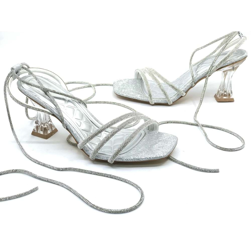 Ventes Bilekten Bağlamalı Şeffaf Topuklu Kadın Abiye Ayakkabı