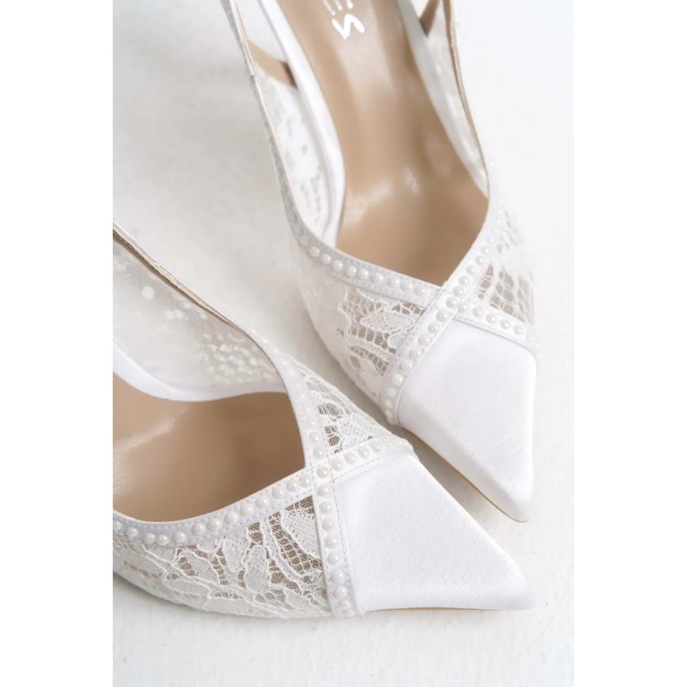 Feles Saten Dantel Taş Detaylı Arkası Açık Stiletto Kadın Topuklu Ayakkabı