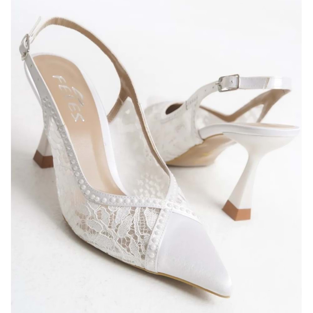 Feles Saten Dantel Taş Detaylı Arkası Açık Stiletto Kadın Topuklu Ayakkabı