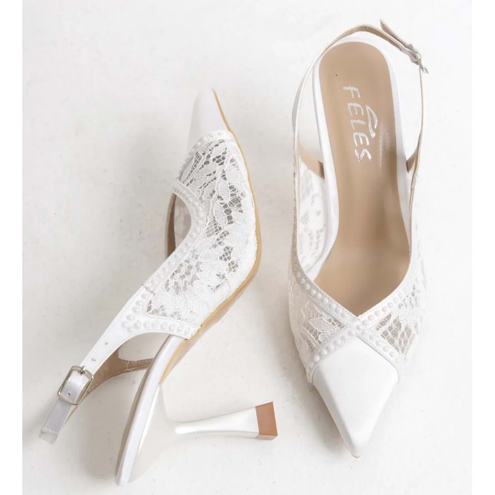 Feles Saten Dantel Taş Detaylı Arkası Açık Stiletto Kadın Topuklu Ayakkabı