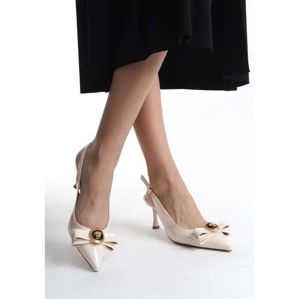 Feles Fiyonk Sarı Toka Detaylı Arkası Açık Stiletto Kadın Topuklu Ayakkabı