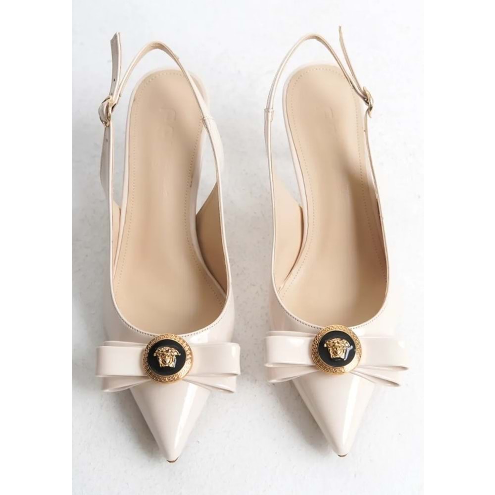 Feles Fiyonk Sarı Toka Detaylı Arkası Açık Stiletto Kadın Topuklu Ayakkabı