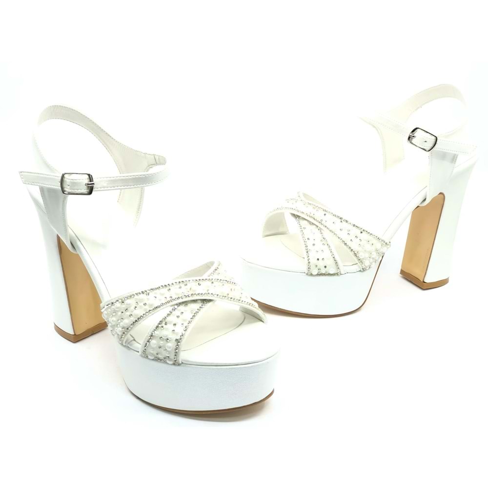 Feles Çapraz Taş Detaylı 13 cm Yüksek Platform Topuklu Taşlı Kadın Abiye Ayakkabı