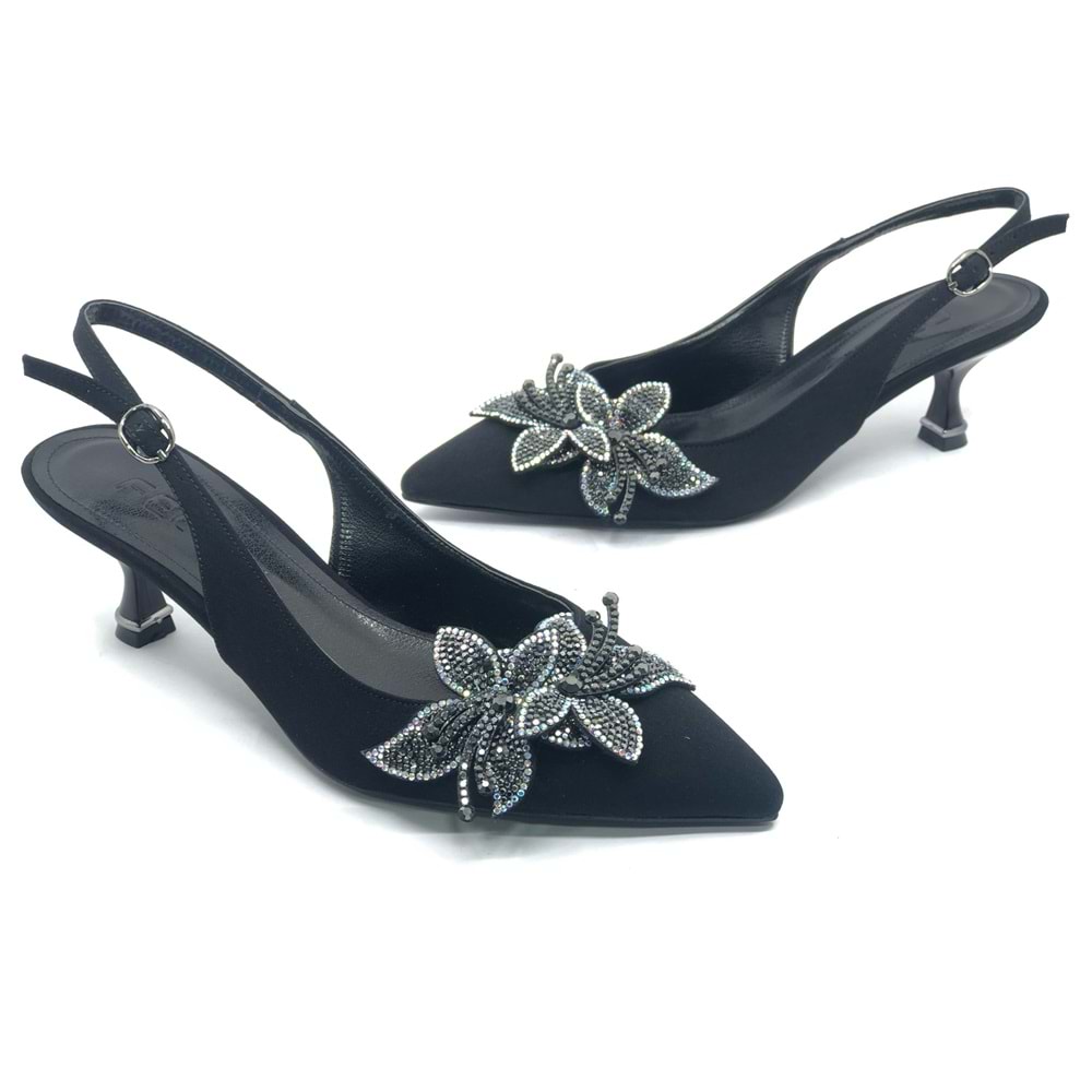 Feles Çiçek Taş Toka Detaylı Arkası Açık Stiletto Kadın Topuklu Ayakkabı