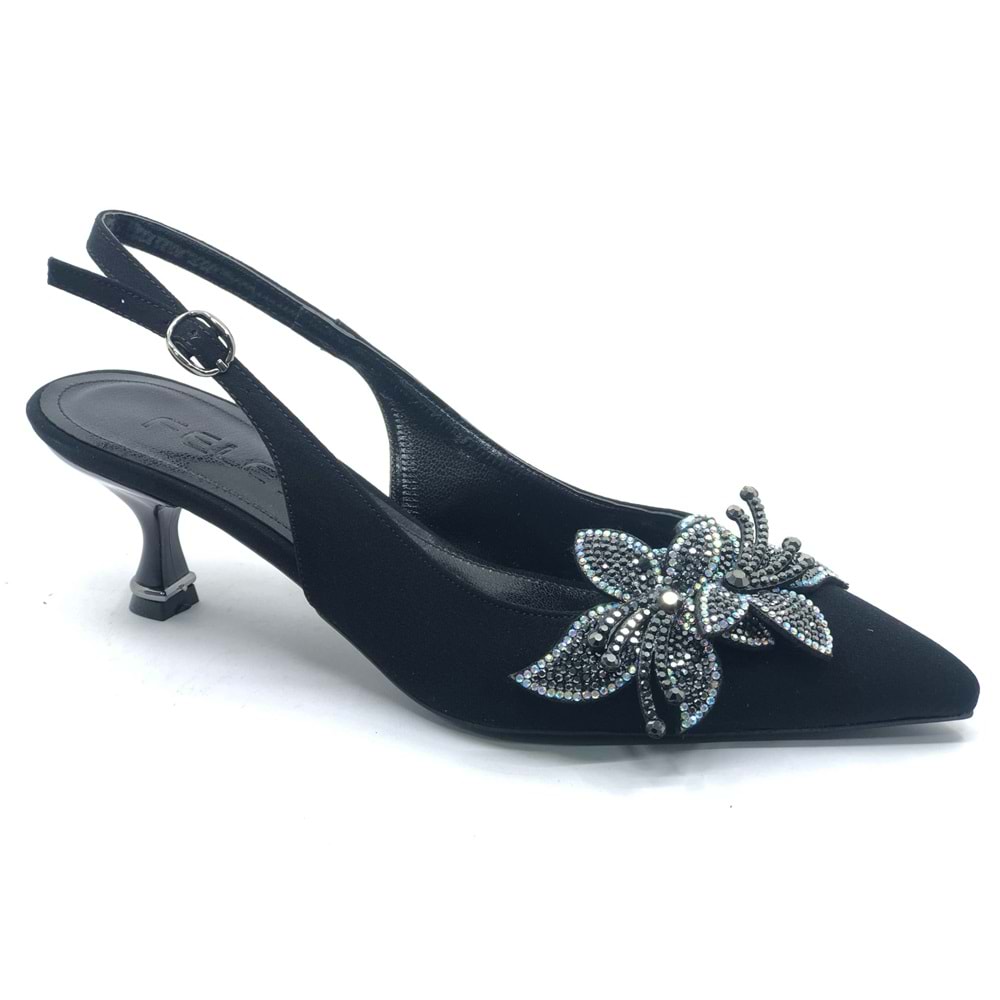 Feles Çiçek Taş Toka Detaylı Arkası Açık Stiletto Kadın Topuklu Ayakkabı