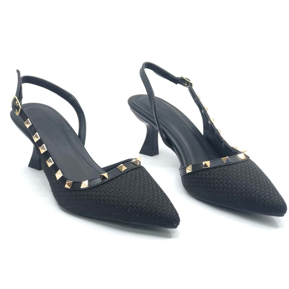 Feles Hasır Zımba Detaylı Arkası Açık Stiletto Kadın Topuklu Ayakkabı