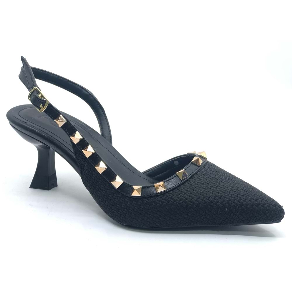 Feles Hasır Zımba Detaylı Arkası Açık Stiletto Kadın Topuklu Ayakkabı